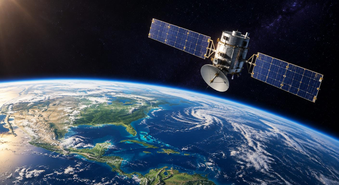 Illustration of a low-Earth-orbit communications satellite above Earth, not Amazon product equipment